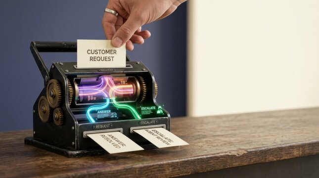 Mechanical ticket punch holding a customer request card for visualizing autonomous ai customer support