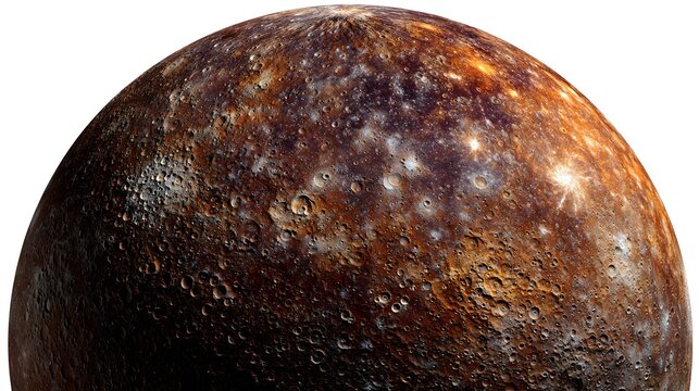 Close-up realistic view of planet Mercury showing detailed impact craters and golden brown texture.