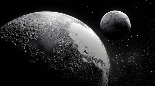 Black and white rendering of dwarf planet Pluto with its icy cratered surface and orbiting moon in space.