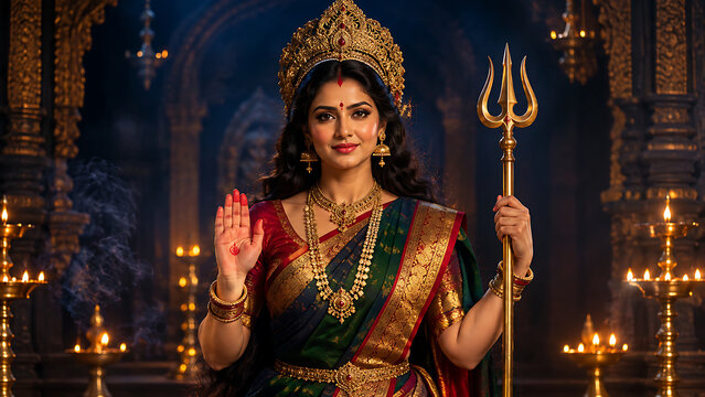Traditional goddess durga portrait holding golden trident inside illuminated temple during durga puja and navratri celebration with devotional festive atmosphere and worship