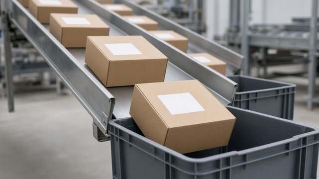 Sorting chute parcels sliding into totes