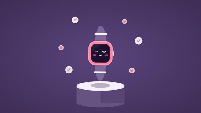 Cute pink smartwatch character with winking face and floating icons for health and fitness tracking animation