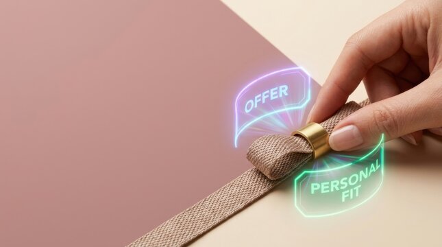 Hand adjusting a fabric ribbon with a brass bow representing personalized offers and customization in marketing