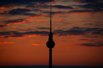 Silhouette at sunset of the Fernsehturm (Television Tower) located at Alexanderplatz. The tower was constructed between 1965 and 1969 by the former German Democratic Republic © Daniel Meunier