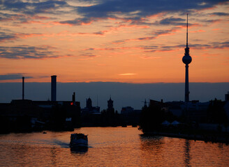 Silhouette at sunset of the Fernsehturm (Television Tower) located at Alexanderplatz. The tower was constructed between 1965 and 1969 by the former German Democratic Republic © Daniel Meunier