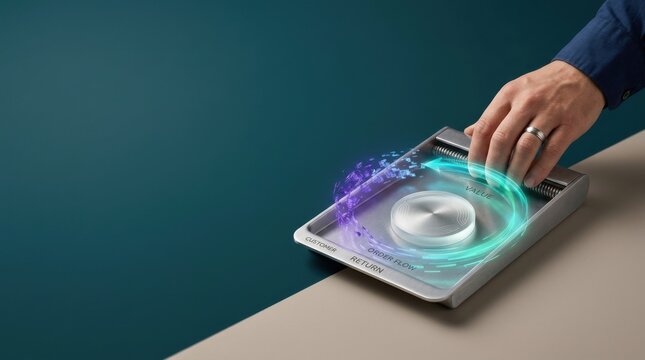 Customer refund process visualized with hand pushing button on laptop and spring-loaded return tray holding token