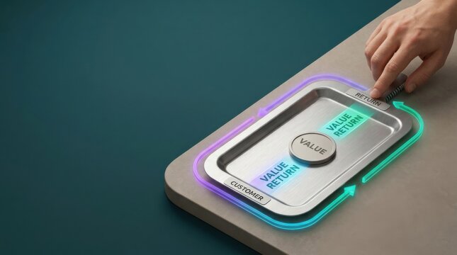 Customer refund process illustrated with hand pressing button on spring-loaded return tray holding neutral value token