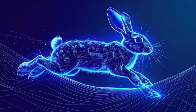 Digital glowing blue rabbit running through cyber space.