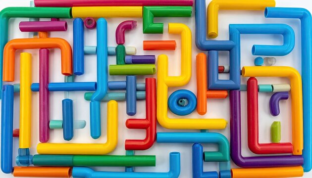 Vivid assortment of interlocking, colorful plastic tubes arranged on a white surface