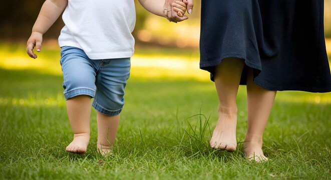 Parent and Child Walking Barefoot Together Across Green Grass Outdoors