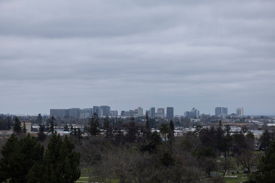 A winter storm passes over the downtown skyline of San Jose, California, USA.