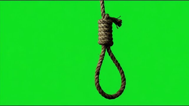 Cinematic 4K Detailed Hangman's Noose Rope Isolated on Green Screen Background for Horror, Crime, and Spooky Thriller Movie Concepts.