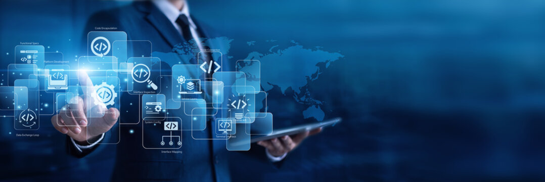 Software developer using futuristic digital network interface with global API integration systems. Connecting cloud applications and external data streams seamlessly. Digital software hub.
