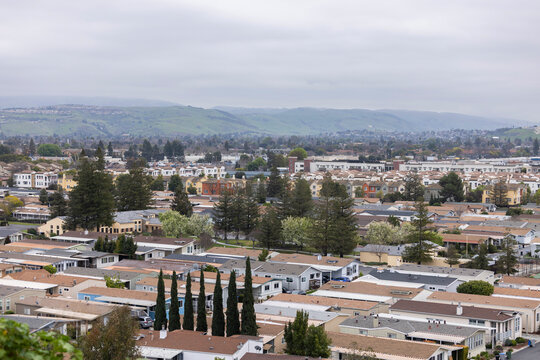 Aerial view of dense housing of the Communications Hill neighborhood of SOuth San Jose, California, USA.