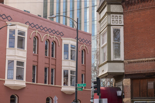 Daytime view of historic architecture in downtown San Jose, California, USA.