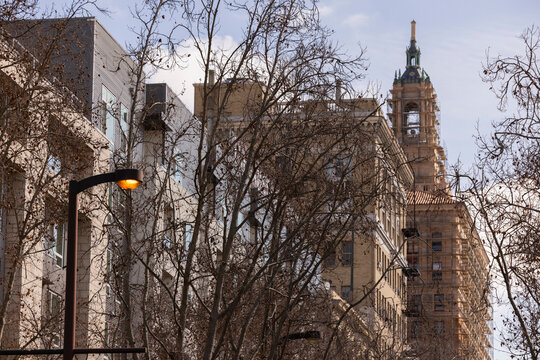 Bare winter trees frame historic architecture in downtown San Jose, California, USA.