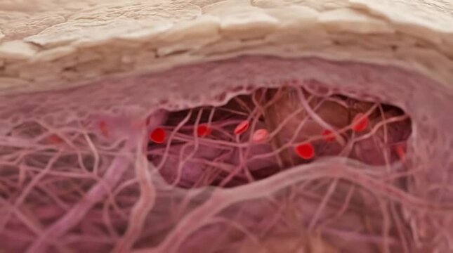 Microscopic view of skin tissue and blood vessels