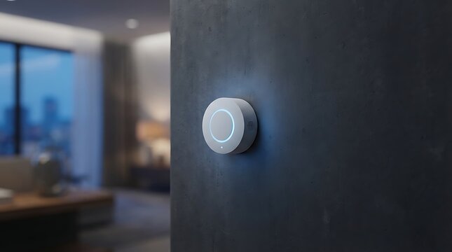 White smart home control button mounted on a dark wall, featuring a modern interior with soft blue ambient light and a blurred background