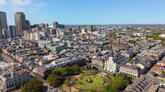 New Orleans city center with Jackson Square in French Quarter, office towers and hotels in downtown. Surrounding neighborhoods define character of this world famous destination.