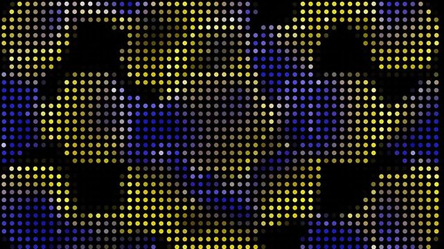 Abstract pattern of yellow blue and grey dots on black background