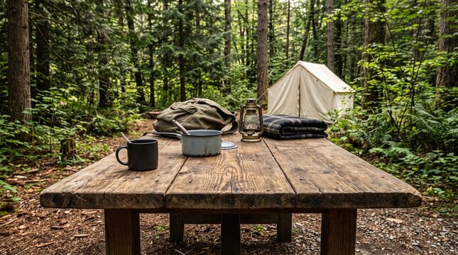 A cozy campsite setup with a wooden table and tent in the forest