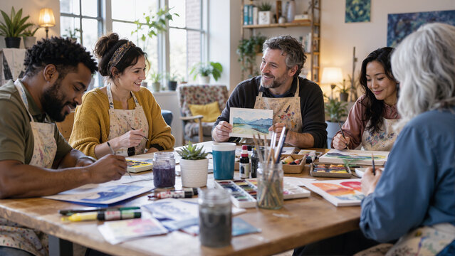 Diverse group of adults painting in an art therapy session. Smiling man showing his watercolor landscape to friends. Mental health and creative wellness concept