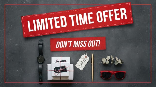 Urgent limited time discount offer displayed with gift items and accessories on dark background with Promotional banner highlights time sensitive sale