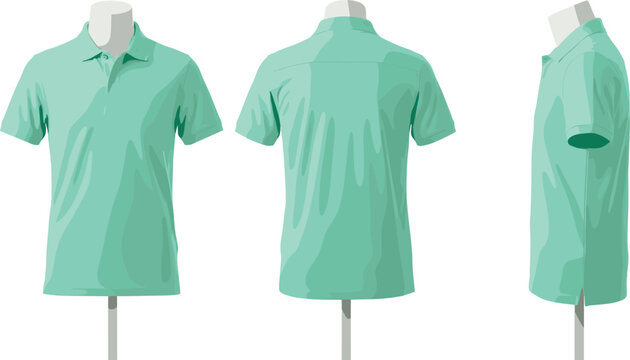 Blank Mint Green Men Polo Shirt Mockup Vector Set on Mannequin with Front Back and Side Views for Apparel Branding Presentations