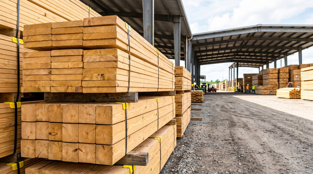 Large piles of processed wooden beams and construction materials are stored in organized rows under a wide metal industrial canopy structure at a
