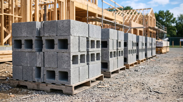 Rows of gray cement blocks sit on wooden pallets at an active building site where a new house is being framed with lumber during a bright day