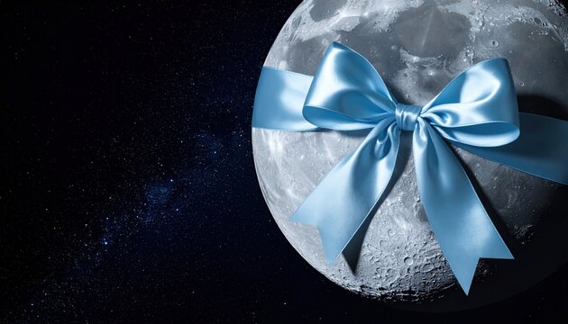 The moon is wrapped with a shiny blue ribbon and bow against a starry black sky, symbolizing a gift or celebration of the celestial body.