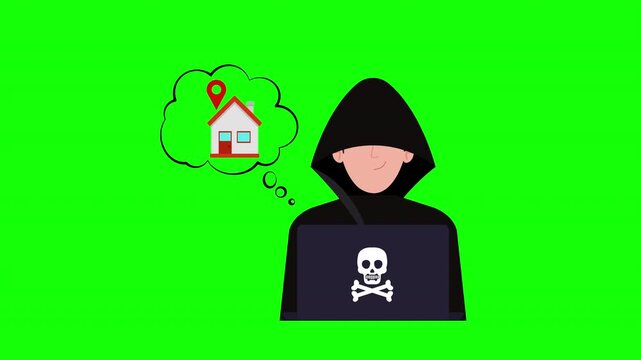Cybercrime and property theft concept with masked hacker using laptop and targeting a house