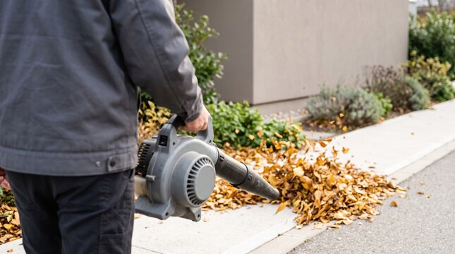Person wearing a grey jacket holds a mechanical leaf blower to clear dry fallen foliage from a concrete pathway near a residential house during