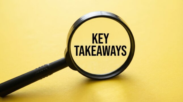Magnifying glass focusing on highlighted key takeaways text against bright background with glass emphasizes bold bright yellow surface text reading