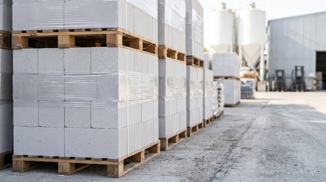 Stacked aerated concrete blocks sit on wooden pallets at an outdoor industrial warehouse yard with silos and forklifts visible in the background