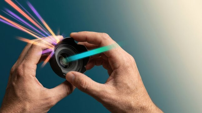Person rotating camera lens hood to visualize ai attention management in a creative photography context