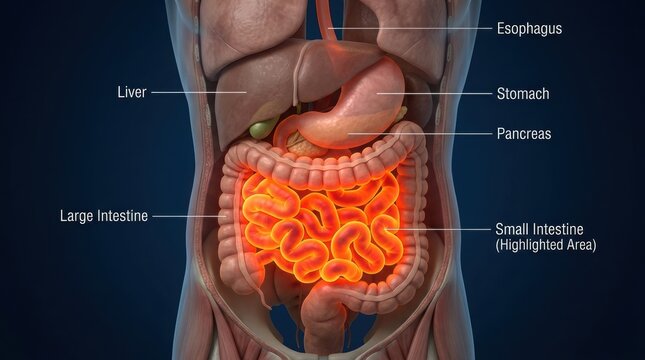 Human digestive system anatomy with highlighted small intestine illustration