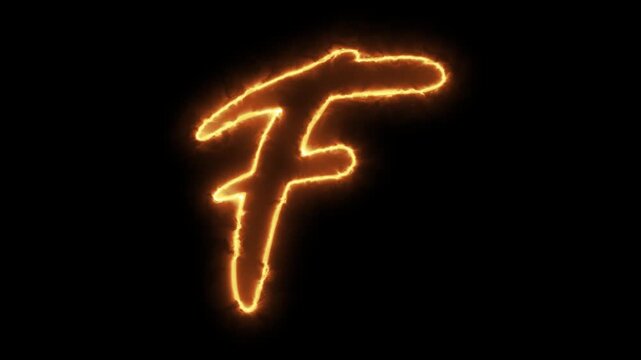 Glowing letter f neon sign animation with electric plasma energy effect on black background alphabet