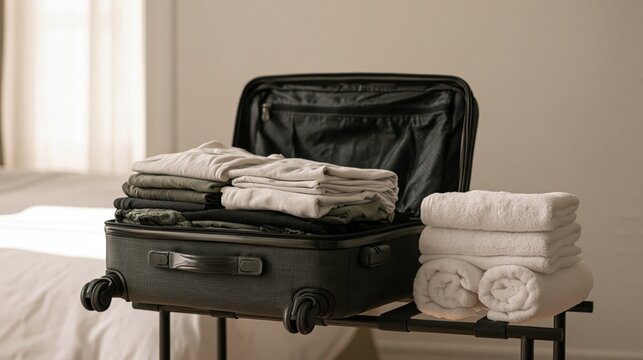 Open black suitcase filled with neatly folded clothes and white towels for travel preparation