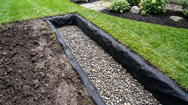 Landscape trench being installed with geotextile fabric and drainage gravel for water management