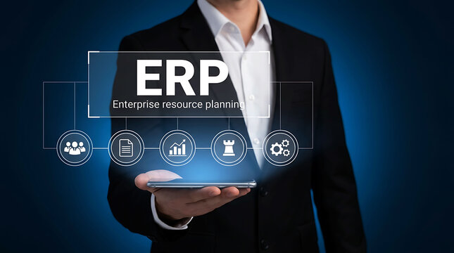 Businessman holding a smartphone with ERP Enterprise resource planning graphics
