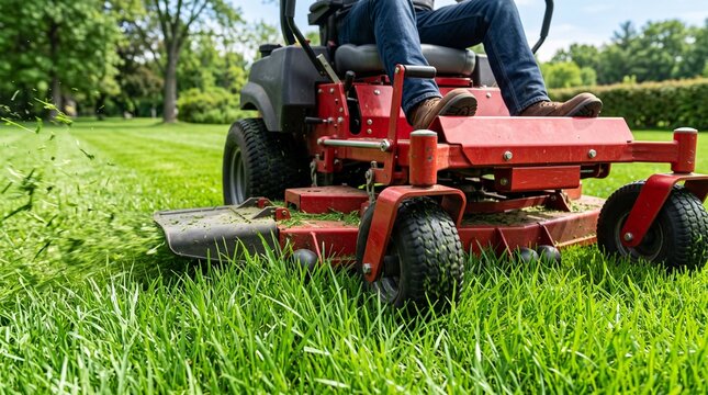 Professional lawn care gardener operating a powerful zero-turn mower, perfectly trimming lush green grass in a vibrant garden