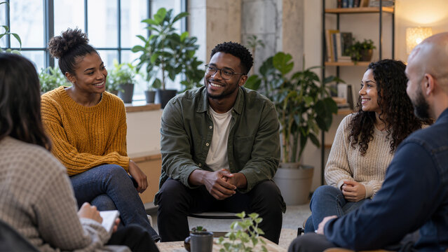 Smiling young man in a positive support group meeting. Diverse participants connecting during a mental health group therapy session