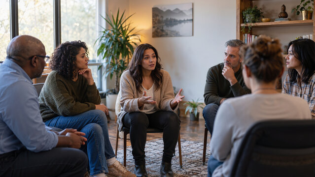 Woman sharing her experiences in an anxiety support group. Diverse participants listening intently during a group therapy session