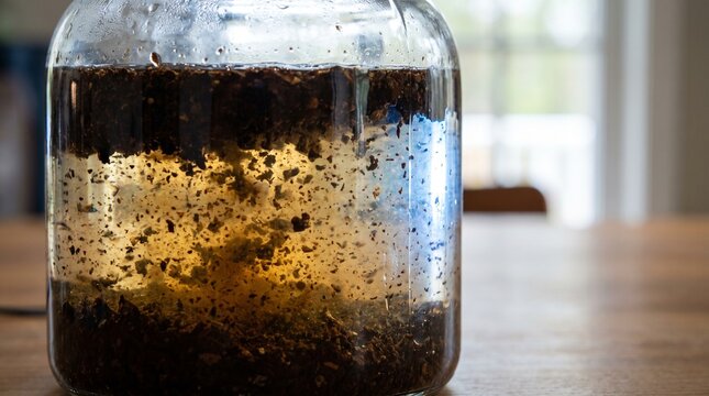 Glass jar with layered liquid mixture and floating particles on a wooden table.