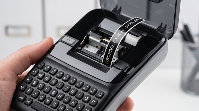 Handheld Electronic Label Maker Machine with Open Cover Showing Tape.