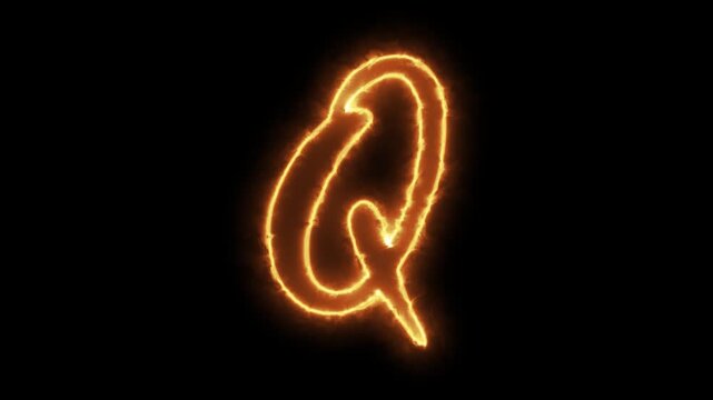 Glowing letter q with electric fire aura, animated neon alphabet character, isolated on black background