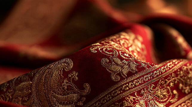 Deep wine-colored fabric with gold patterns for Christmas