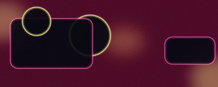 Bright neon magenta, pink, and yellow outlines form rounded rectangles and circles on a dark gradient, great for energetic app promos and futuristic branding.