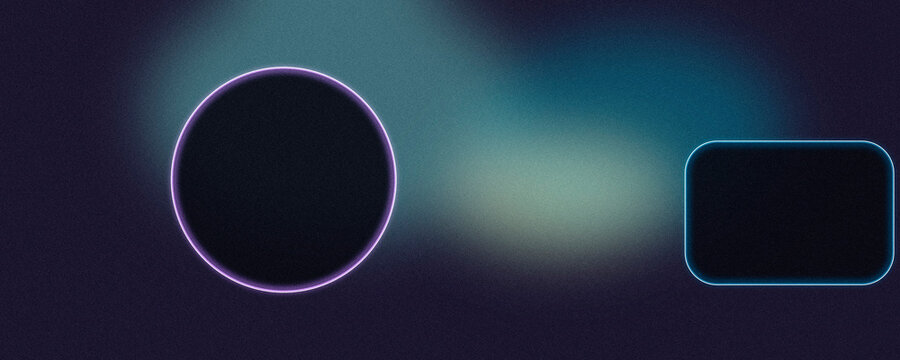 A purple neon circle and a glowing blue rounded rectangle hover over a blurry teal-to-navy gradient, ideal for futuristic headers and UI scenes.